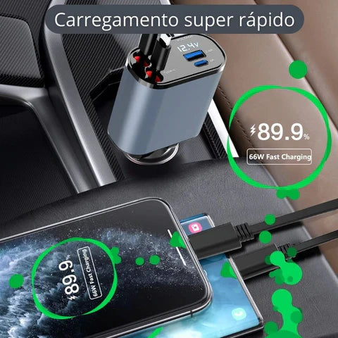 Carregador Veicular 4 em 1 com Cabos Retráteis - Velux4XCharge™